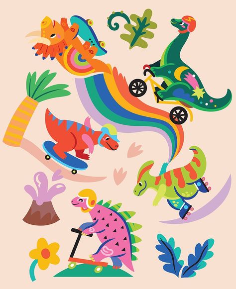 Vibrant skating dinosaurs in the park. Colourful cartoon dinosaurs ride on skates, rollers and bicycle in the park. Vector illustration. #dinosaurs #dino #skate #childish #digitalprinting #kids Dino Illustration, Bicycle Illustration, Illustration For Kids, Dino Park, Gold Digital Paper, Dinosaur Illustration, Geometric Pattern Design, Flower Pattern Design, Floral Pattern Design