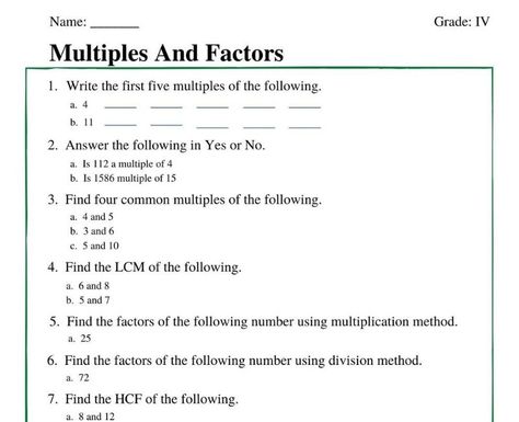 Download multiples and factors worksheet for grade 4 including questions based on multiples, common multiples, LCM and HCF, factors, prime factorisation using factor tree method. #multiplesandfactors https://witknowlearn.com/worksheet/view/173/multiples-and-factors-worksheets-for-grade-4 Prime Factorization Worksheet For Grade 4, Factors And Multiples Worksheet Class 4, Factor Worksheet For Class 4, Hcf And Lcm Worksheet Grade 4, Prime Factorization Worksheet Grade 5, Multiples Worksheet For Grade 4, Multiples And Factors Worksheet, Factors Worksheet Grade 5, Factors Worksheet For Grade 4