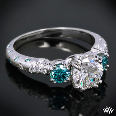 3-stone engagement ring with twho blue side-stones.. pretty awesome Verriago Engagement Rings, Champagne Diamond Engagement Ring, Champagne Diamonds Engagement, 3 Stone Engagement Rings, Champagne Diamond, Pretty Rings, Pretty Jewellery, Blue Diamond, Three Stone