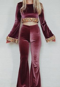 Lilac Velvet Co-ord Set With Flares And Bell Sleeve Lilac Velvet Dress, Velvet Co Ord Set, Lilac Velvet, Velvet Outfit, Velvet Bell Bottoms, Portland Style, Oc Fashion, Co Ords Outfits, Velvet Flare Pants