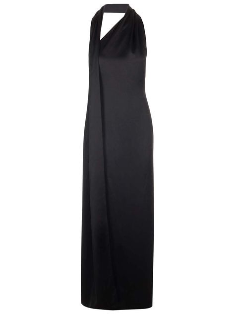 Long black scarf dress from Loewe in technical satin, halter neck construction, front draping, invisible zip closure, deep neckline on the back. Celebrity Black Dress Red Carpet, Halter Scarf Dress, Black Dress With Scarf, Long Black Satin Dress, Long Black Silk Dress, Lily Pilly, Loewe Outfit, Loewe Scarf, Loewe Dress