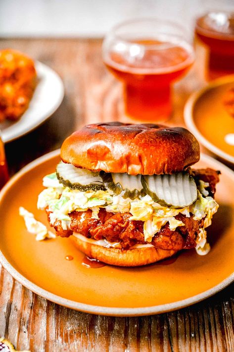 Honey Butter Chicken Sandwich, Hot Honey Chicken Burger, Brioche Bun Sandwich Ideas, Hot Honey Fried Chicken Sandwich, Hot Honey Fried Chicken, Hot Honey Chicken Sandwich, Honey Chicken Sandwich, Homemade Hot Honey, Crunchy Fried Chicken