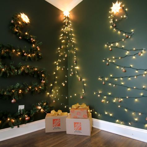 Christmas Tree Out Of Lights, Tree On Wall, Hanging Christmas Cards, Wall Mounted Christmas Tree, Wall Hanging Christmas Tree, Diy Christmas Lights, Wall Christmas Tree, Hanging Christmas Lights, Christmas Decorations Cheap