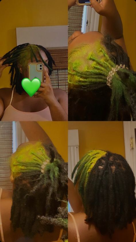 Skunk Dyed Locs, Green And Blonde Locs, Loc Skunk Stripe, Hair Dye Ideas For Locs, Dye Locs Ideas, Dyed Roots On Locs, Locs With Skunk Stripe, Green And Black Locs, Half And Half Hair Dye