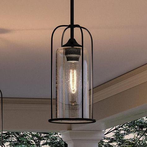 Luxury Farmhouse Outdoor Pendant, 15.375"H x 7.5"W, with Industrial Luxe Style, Midnight Black, BWP1303 by Urban Ambiance - On Sale - Bed Bath & Beyond - 37591787 Stairway Lighting Hanging Farmhouse, Farmhouse Outdoor, Outdoor Chandelier, Outdoor Pendant Lights, Farmhouse Pendant Lighting, Outdoor Pendant Lighting, Outdoor Light Fixtures, Outdoor Light, Outdoor Pendant