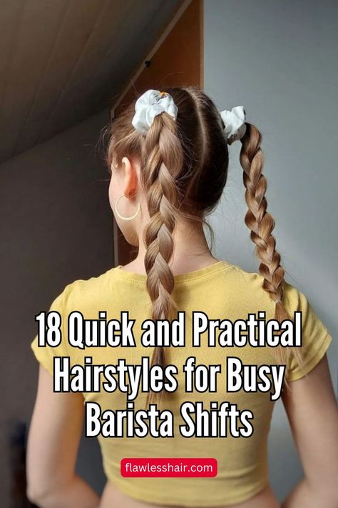 Braided Pigtails Cute Bartending Hairstyles, Updos For Waitressing, Hairstyles For Fast Food Jobs, Hairstyles For Food Service, Coffee Shop Hairstyles, Cute Hair Up Styles For Work, Hairstyles For Restaurant Workers, Cute Barista Hairstyles, Casual Work Hairstyles