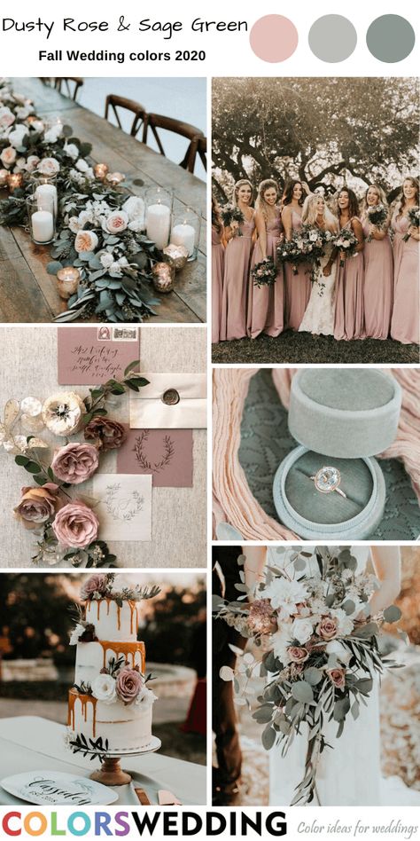 Dusty Rose & Sage Green Wedding: dusty rose bridesmaid dresses, wedding invitation set, rings, table decor and wedding cake. #dustyroseweddings #weddings #weddingideas #bridesmaiddresses #fallwedding #colorswedding #2020 Green Fall Weddings, Dusty Rose Bridesmaid, Sage Green Wedding Colors, Fall Wedding Color Schemes, Wedding Color Pallet, Wedding Color Combos, Dusty Rose Bridesmaid Dresses, Sage Green Bridesmaid Dress, Rose Bridesmaid Dresses