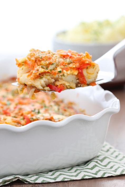 Baked White Fish and Vegetables - Olga's Flavor Factory Baked White Fish Recipes Healthy, Fish With Peppers And Onions, Baked Fish With Tomatoes, White Fish With Tomatoes, Baked Fish With Peppers And Onions, Fish Casserole, Cooked Carrots, Baked Fish, Make Ahead Meals