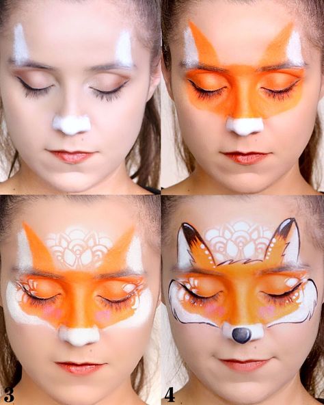 Mandala Fox face paint step by step. Watch the face paint tutorial on YouTube. Link is attached. Face Painting Design Board, Woodland Animal Face Paint, Face Paint Step By Step Easy, Face Paint Tutorial Step By Step, Face Painting How To Step By Step, Race Car Face Paint, Harvest Face Painting Ideas, Step By Step Face Painting Easy, Face Painting Step By Step Easy