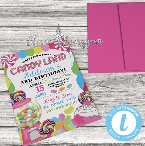 What better way to personalize your next event than with with our invitation template filled with the bright colors and sweet treats found on a trip through candy land. Candyland Invitations, Christmas Treat Bags, Reindeer Food, Candyland Party, Bag Topper, Personalized Favors, Party Invite Template, Candy Land, Christmas Treats