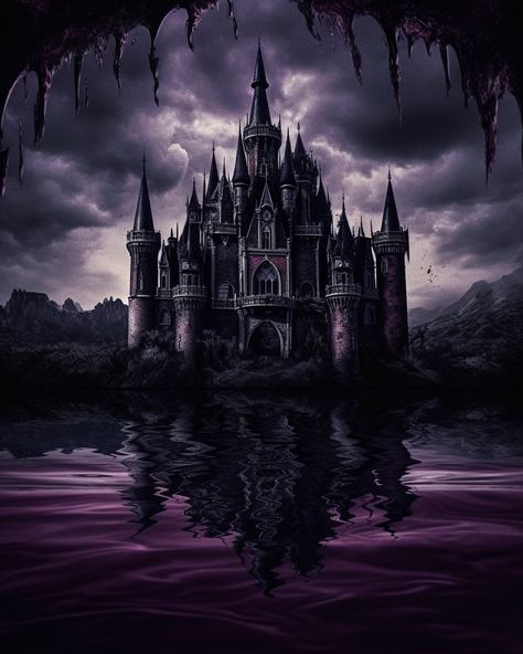 Transform your home into an eerie and fascinating realm with our digital print to canvas of an otherworldly gothic castle. This striking artwork features a black and purple castle in the middle of the water. The eye-catching design is perfect for fans of gothic horror and sci-fi, adding a touch of surrealism to any room. Gothic Castle Art, Black And Purple Aesthetic, Evil Castle, Goth Castle, Horror Castle, Purple Castle, Castle Dark, Goth Architecture, Demon Castle