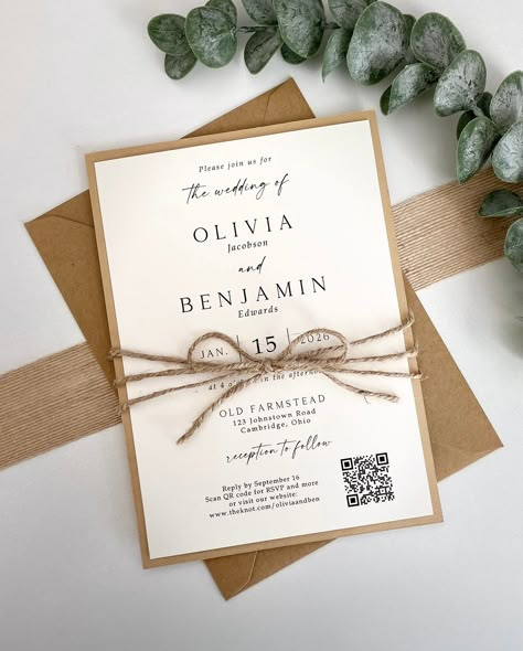 QR Codes for online rsvp's are the newest trend for invitations! Don't blow your budget on rsvp cards and return postage and your guests no longer have to worry about returning those rsvp cards. Our QR code invite line gives a fun, modern, and unique touch to your wedding or special event all on 1 single invite card! This lovely rustic wedding invitation is perfect for any wedding! Boho, rustic, farmhouse, and great for any season!  We'll create your QR code for you - just give us your wedding w Invitations For Wedding Ideas, Rustic Boho Invitation Wedding, Tied Wedding Invitations, Homemade Invitations Wedding, Wedding Invitation Cards Western, Save The Date Wedding Reception Only, Self Made Wedding Invitations, Winter Wedding Announcements, Wedding Invitation Rustic Elegant