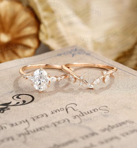 Vintage Moissanite Engagement Ring Set, Oval Moissanite Ring, Marquise Diamond Ring, Leaf Ring Rose Gold, Curved Vine Ring, Six Prong Ring - Etsy Promise Rings With Engagement Ring, Oval Engagement Ring With Leaf Wedding Band, Vine Wedding Ring Set, Rose Gold Nature Engagement Ring, Oval Shaped Wedding Set, Vine Band Engagement Ring, Simple Elegant Engagement Rings Gold, Nature Inspired Rings Engagement, Minimalist Rose Gold Diamond Ring