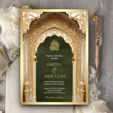 Palace Dark, Islamic Arch, Wedding Illustration Card, Muslim Wedding Cards, Muslim Wedding Invitations, Gold Foil Invitation, Black Wedding Invitations, Islamic Wedding, Foil Wedding Invitations