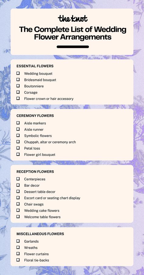 Bouquets and centerpieces are a good start, but here's what else you might need. After Wedding Flower Ideas, Wedding Flower List, Wedding Flower Checklist, Ceremony Flowers Aisle, Wedding Flower Types, Wedding Booklet, Wedding Checklists, Wedding Planning Binder, Wedding To Do List