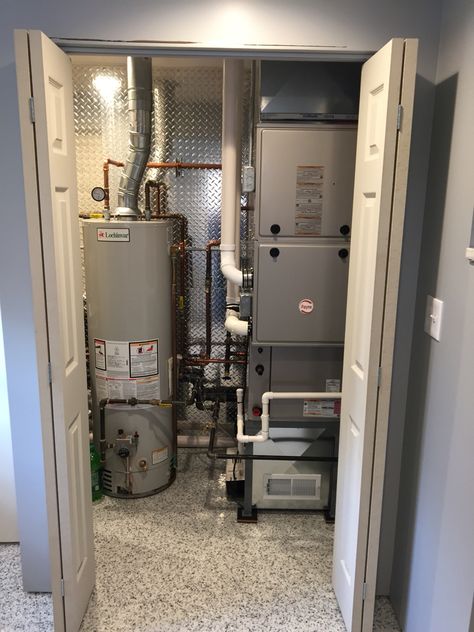 Mechanical room Furnace Closet Ideas, Furnace Cover Ideas Wall, Small Basement Closet Ideas, Basement Mechanical Room Ideas, Home Mechanical Room, Laundry And Mechanical Room Ideas, Oil Tank Cover Ideas Basement, Mechanical Room Ideas Basements, Laundry Mechanical Room