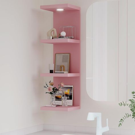 PRICES MAY VARY. FLOATING LACK WALL SHELF — Versatile 4-tier wall Shelf Unit in a crisp and timeless Pink finish—the perfect addition to elevate your home decor. Display charming showpieces, decorative items, and other prized possessions while offering functional storage with square-shaped display shelves — Enhance décor and fill in empty wall space above a desk, fireplace, entryway, vanity, child bedroom, between windows, and so much more. DECORATE & DISPLAY FLOATING SHELVES WITH LIGHT—One of t Pink Acrylic Shelves, Shelving Living Room Wall, Cute Bathroom Shelf Decor, Light Pink Aesthetic Room Decor, Above Bed Decorations, Pink Entryway Ideas, Wall Organization Bedroom, Room Decor Bedroom Aesthetic Pink, Salon Suite Retail Display