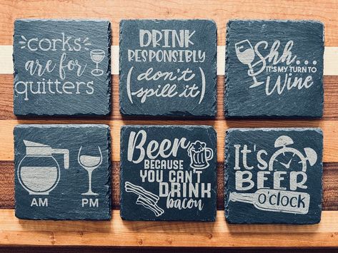 Diy Slate Coasters, Slate Coasters Diy Cricut, Slate Etching Ideas, Engraved Coaster Ideas, Slate Coasters Engraved, Laser Engraved Slate Coasters, Stone Engraving Ideas, Slate Engraving Ideas, Engraved Slate Coasters