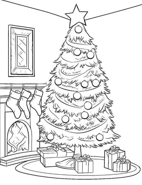 Tree Coloring Pages Free Printable, Christmas Tree Coloring, Fireplace Drawing, Christmas Tree And Fireplace, Christmas Sketch, Tree Coloring, Christmas Tree Drawing, Christmas Tree Canvas, Frog Coloring Pages