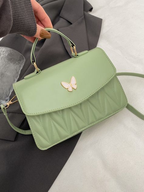 Green Fashionable   PU Leather Quilted Square Bag Embellished   Women Bags Tas Mini, Butterfly Decor, Green Handbag, Green Purse, Metal Butterfly, Butterfly Graphic, Adjustable Bag, Butterfly Decorations, Stylish Bag