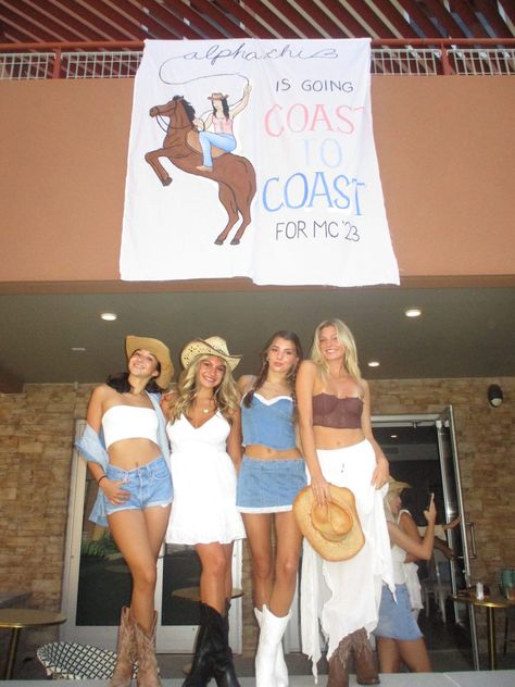 Themes For Sorority Socials, Wild West Bid Day, Soroity Girls Outfit, Sorority Prep Week Themes, Sorority Party Outfits, Coastal Cowgirl Bid Day Theme, Adpi Spirit Week, Sorority Cowgirl Theme, Kkg Bid Day Themes