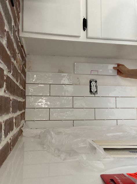 DIY Kitchen Backsplash, How-To Tile on Your Own! | Abbbclarkhomeee Diy Affordable Backsplash, How To Lay Backsplash Tile, How To Tile A Backsplash, Diy Subway Tile Backsplash, How To Do Kitchen Backsplash, Longer Subway Tile Kitchen, How To Grout Tile Backsplash, How To Tile Backsplash Kitchen, How To Lay Subway Tile Backsplash