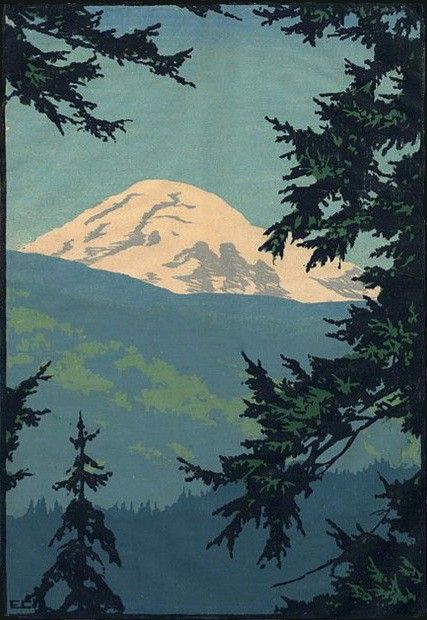 Mount Baker, Washington woodblock print, United States, 1928, by Elizabeth Aline Colburne. Mount Baker, Wood Illustration, Mt Baker, Arte Peculiar, Lino Art, Woodcuts Prints, Woodblock Print, Linocut Prints, Painting Inspiration