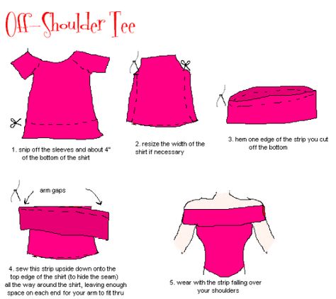 diy off shoulder shirt kids | How to make an off-shoulder blouse out of an old t-shirt Shirt Reconstruction, Umgestaltete Shirts, Easy Diy Clothes, Haine Diy, Upcycle Clothes Diy, Diy Clothes Design, Diy Vetement, Kleidung Diy, Diy Fashion Clothing