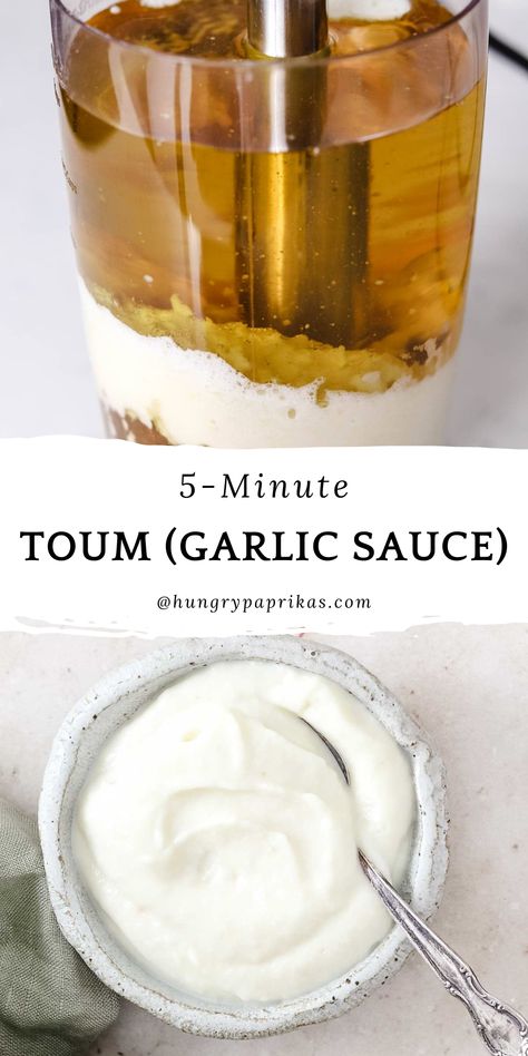 Top photo: oil, garlic and lemon being blended with an immersion blender Mediterranean Garlic Sauce, Toum Garlic Sauce, Shawarma Garlic Sauce, Lebanese Garlic Sauce, Garlic Sauce Recipe, The Mediterranean Dish, Lebanese Recipes, Mediterranean Dishes, Garlic Sauce