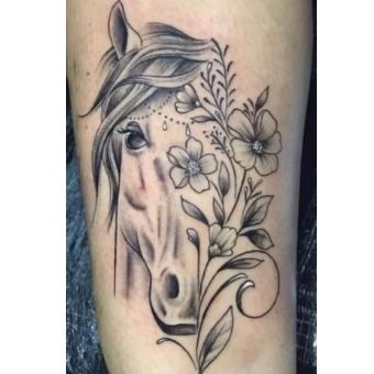 Horse Head With Flowers Tattoo, Feminine Horse Tattoo, Horse And Flower Tattoo, Horse Face Tattoo, Sam Tattoo, Cycling Tattoo, Classy Tattoos For Women, Horse Tattoos, Him And Her Tattoos