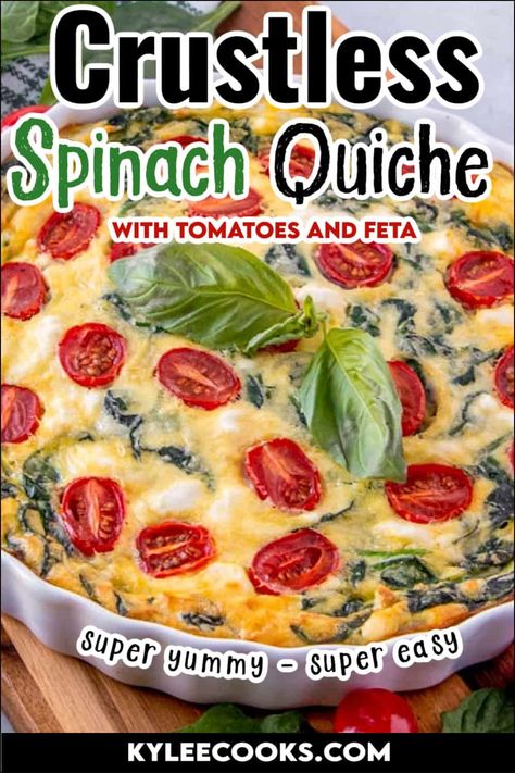 Make this delicious crustless spinach quiche with tomatoes, onions and feta. Eat warm, room temp, or chilled-this is a delicious dish! Quiche With Tomatoes, Spinach Feta Quiche, Crustless Spinach Quiche, Quiche Recipes Crustless, Savoury Pastry, Recipe With Tomatoes, Low Carb Dinner Chicken, Feta Quiche, Spinach Quiche Recipes