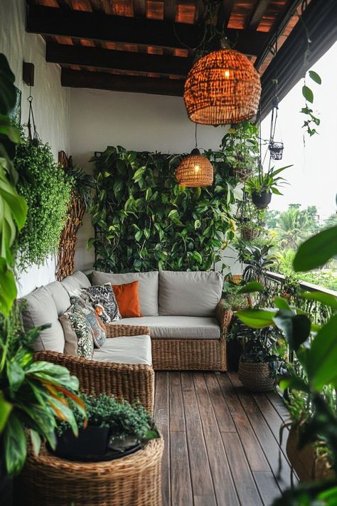 Turn your balcony into a lush urban jungle with a variety of potted plants and hanging greenery. Choose moisture-loving plants like ferns, palms, and ivy to create a dense, tropical feel. Add natural elements like bamboo furniture and woven baskets for a cohesive jungle look. 🌿🌴 Jungle Balcony, Tropical Balcony, Hanging Greenery, House Balcony Design, Home Balcony, Bamboo Furniture, Woven Baskets, Balcony Design, Natural Elements