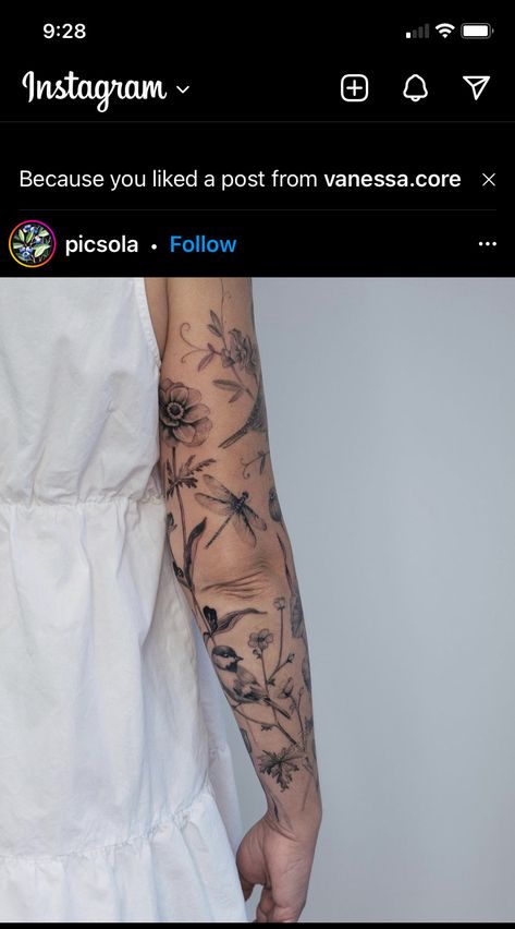 Woodsy Sleeve Tattoo Women, Blend Tattoos Together, Nature Patchwork Sleeve, Nature Sleeves, Wild Flower Tattoo Sleeve, Wildflower Sleeve Tattoo, Flower Sleeve Tattoos For Women, Wildflower Sleeve, Tattoo Locations