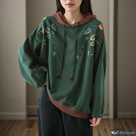 Orcajump - Cotton Hooded Embroidered Sweatshirt - Retro-inspired, Loose-fit Casual Top Green Inspired Outfits, Green Clothes Aesthetic, Vintage Retro Outfits, Sweatshirt Embroidery, Fashion Aesthetics, Fashion Inspiration Design, Embroidered Sweater, Embroidered Sweatshirt, Embroidered Sweatshirts