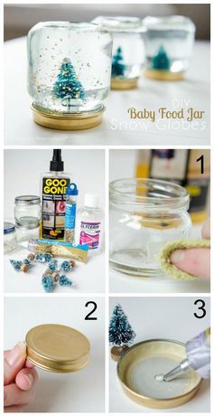 ขวดโหล Mason Jar, Baby Jars, Baby Food Jar Crafts, Jars Snow, Diy Baby Food, Diy Snow Globe, Diy Bebe, Baby Food Jars, Kraf Diy