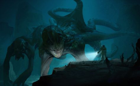 Ningen, YOUNG IL  CHOI on ArtStation at https://www.artstation.com/artwork/D4xmG Eldritch Sea Monster, Sea Monster Concept Art, Ogre Battle, Sea Monster Art, Scary Ocean, Images Terrifiantes, Kule Ting, Lovecraftian Horror, Dark Creatures