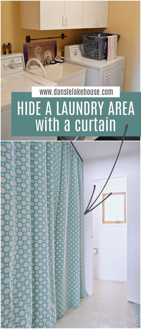 GENIUS!! How to Hide a Washer and Dryer. Hide laundry room entirely with wall to wall curtains on a curtain track so curtains GLIDE so easily out of the way! Hide laundry room with curtains. Use this to hide laundry room in kitchen or hide laundry room in hallway like mine. Hide laundry room hack! Check out the tutorial for how to sew this curtain on a track and tips for hiding washing machine with curtains. Laundry Room Cover Up Curtains, Hide Washer And Dryer With Curtains, Hide Laundry Room With Curtains, Curtains Laundry Room, Curtain Ideas To Hide Storage, Hanging Curtains To Hide Storage, Conceal Laundry Area, Curtain In Front Of Washer And Dryer, Curtain To Cover Washer And Dryer