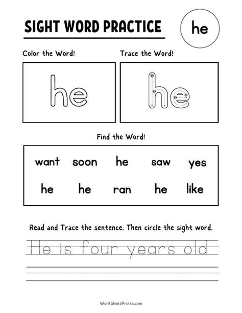 Sight Word Worksheet - He | Free Printable Worksheets Sight Word Am Worksheet, Am Sight Word Worksheet, Kindergarten Sight Word Worksheets, Sight Word Practice Kindergarten, Sight Words Kindergarten Printables, Sight Word Worksheets Free, Tracing Words, Easy Math Worksheets, Words Worksheet