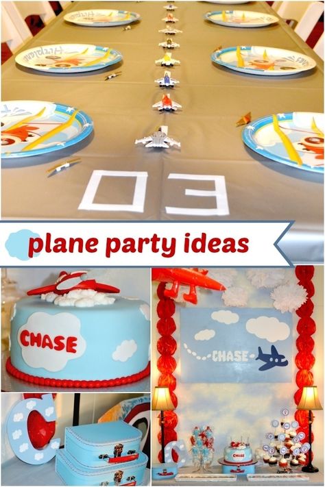 Boys Party Ideas Airplane Themed Birthday                                                                                                                                                     More Plane Birthday Party Ideas, Plane Birthday Party, Airplane Themed Birthday Party, Airplane Birthday Theme, Disney Planes Birthday, Airplane Party Decorations, Vintage Airplane Party, Plane Birthday, Planes Birthday Party