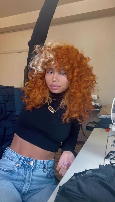 Aesthetic Dyed Curly Hair, South African Face Claims, Ginger And White Hair Black Women, Ginger N Pink Hair, Patch Of Hair Dyed, Dyed Hair On Black Girls, Different Colors To Dye Your Hair, Ginger Hair Black Women Curly Hair, Copper Hair With Blonde Money Piece Curly Hair