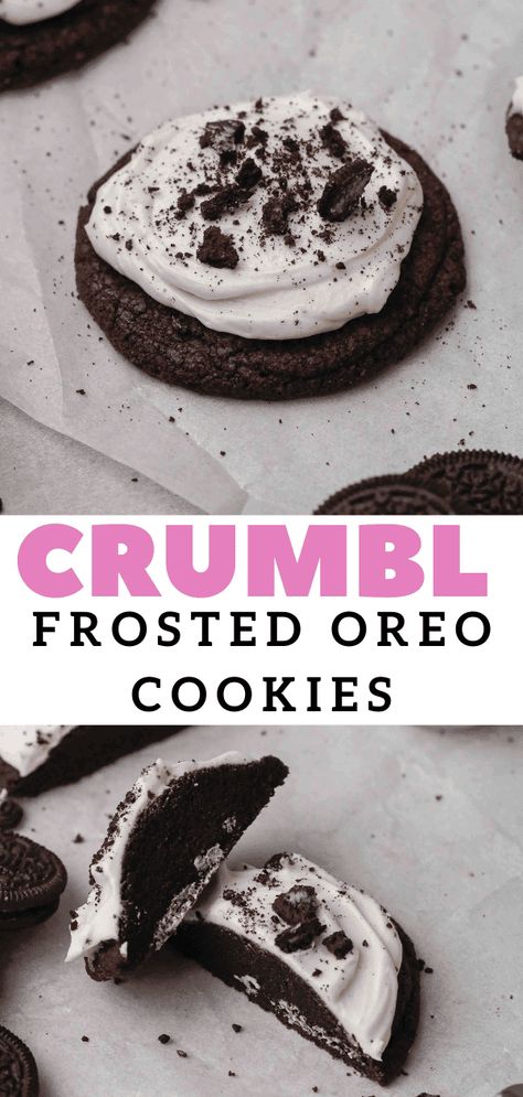 Crumbl chocolate Oreo cookies with buttercream frosting Copycat Recipe - Lifestyle of a Foodie Oreo Crumble Recipes, Crave Cookie Copycat, Crumbl Oreo Copycat, Crumble Oreo Cookie Copycat, Oreo Crumble Cookies, Recipes With Directions, Crumbl Recipes, Chocolate Oreo Cookies, Cookies With Buttercream Frosting