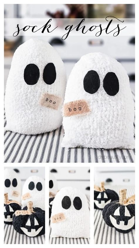 fluffy white sock ghosts, big black felt eyes Easy Halloween Sewing Crafts, Halloween Decor Sewing Projects, Hanging Ghost Craft, No Sew Halloween Crafts, No Sew Projects Easy, Primitive Ghost Diy, Sock Ghosts Craft, Stuffed Ghost Pattern, Halloween Sock Crafts