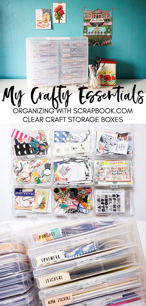 Notebook Paper Storage, Organizing Scrapbook Supplies Storage Solutions, Craft Embellishment Storage, Card Making Craft Room Storage Ideas, Organizing Card Making Supplies, How To Organize Scrapbook Supplies, Craft Essentials List, Organize Scrapbook Supplies, Scrapbooking Supplies Organization