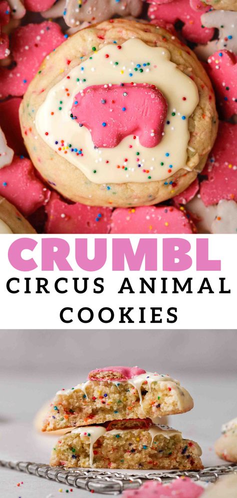 These CRUMBL inspired circus animal sugar cookies are soft and chewy with a super soft center. They are decorated with melted white chocolate on top, extra sprinkles and a frosted anical cookie. Circus Animal Crumbl Cookie, Crumble Cookie Copycat Recipe Circus Animal, Frosted Circus Animal Cookies, Crumbl Recipes, Animal Sugar Cookies, Animal Cookies Recipe, Circus Animal Cookies, Crumbl Copycat, Crumble Cookie Recipe