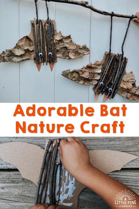 Adorable Bat Nature Craft • Little Pine Learners Halloween Nature Crafts, Fall Nature Crafts, Simple Fall Crafts, Bat Crafts, Nature Kindergarten, Bat Head, Nature Crafts For Kids, Bats Activities, Bat Craft