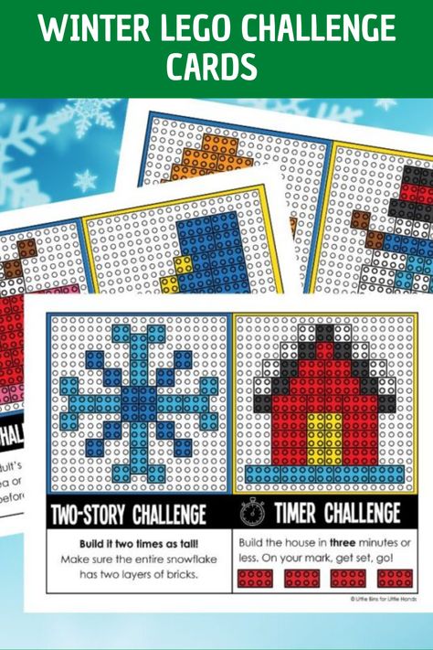 Lego Winter Ideas, Winter Lego Challenges, Lego Task Cards Free Printable, Lego Task Cards, Lego Building Challenges For Kids, Lego Challenge Cards Free Printable, Lego Stem Challenges For Kids, Lego Pictionary, Lego Building Cards