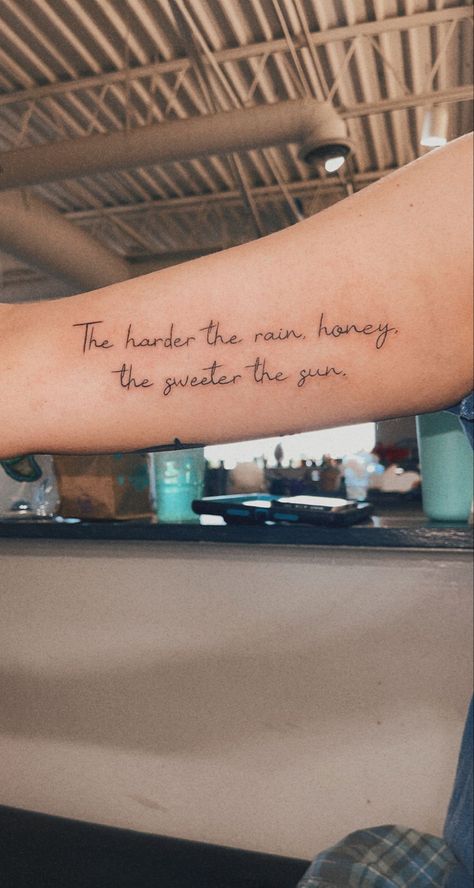 Quote Tattoo On Bicep Women, Western Tattoos Quotes, Country Saying Tattoos, Saying Tattoos For Women Forearm, Tattoos For Hardship, Unique Western Tattoos For Women, Western Tattoo Sayings, Inner Bicep Tattoo Women Quotes, Girly Western Tattoos