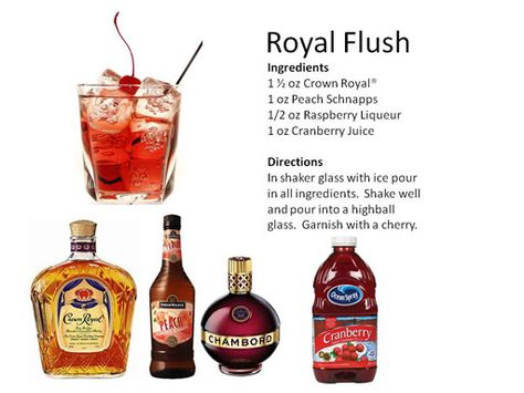 Crown Drink, Crown Royal Peach, Canadian Whiskey, Crown Royal Drinks, Raspberry Liqueur, Royal Flush, Peach Schnapps, Fall Drinks, Alcohol Drink Recipes