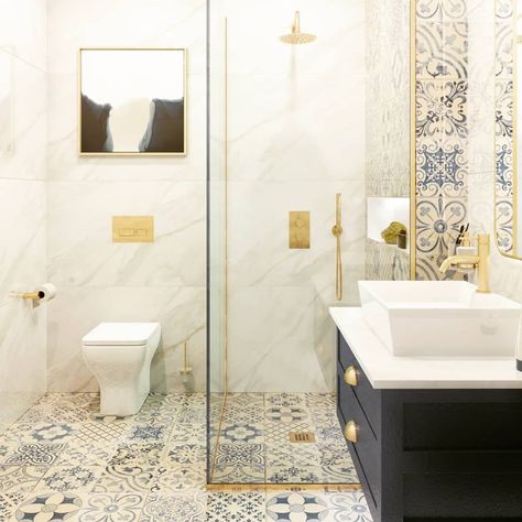 Looking for inspiration for your bathroom? Greek Tiles Bathroom, Bathroom Greek Style, Greece Style Bathroom, Bathroom Ideas Mosaic Tiles, Greek Bathroom Ideas, Greek Inspired Bathroom, Greek Bathroom Decor, Patchwork Bathroom, Greece Bathroom