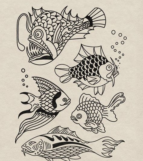 Old School Black And White Tattoo Design, Animal Flash Tattoo, Fish Tattoo Ideas, Abstract Tattoo Ideas, Learn To Tattoo, American Traditional Tattoo Ideas, Traditional Tattoo Ideas, Engraving Tattoo, Tattoo Apprenticeship